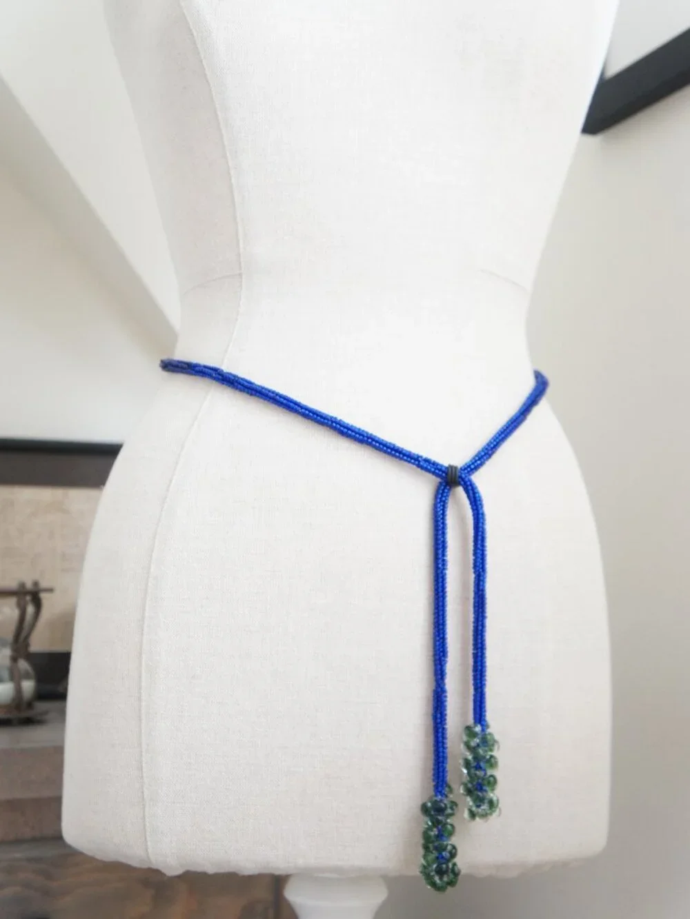 Vintage Blue & Green Long Adjustable Beaded Rope Belt or Necklace
